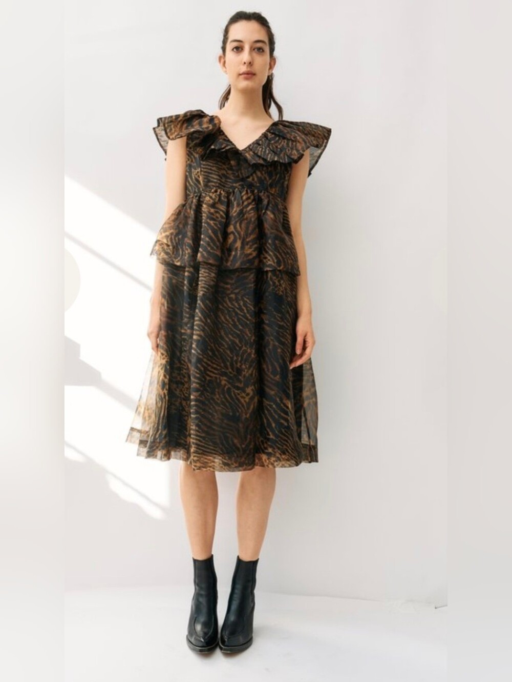 Ganni Brown and Black Animal Print Ruffle Dress